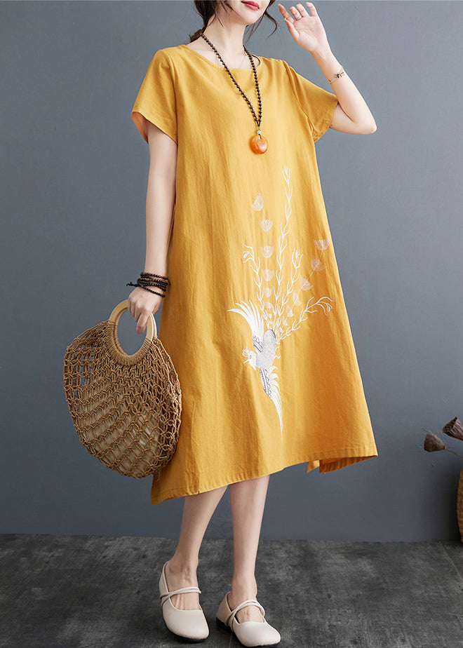 Embroidered Linen Dress Line Size A Plus Summer Yellow