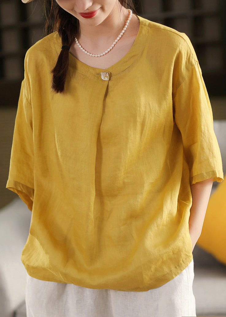 Size Summer Blouse Yellow Linen Neck O Top Plus
