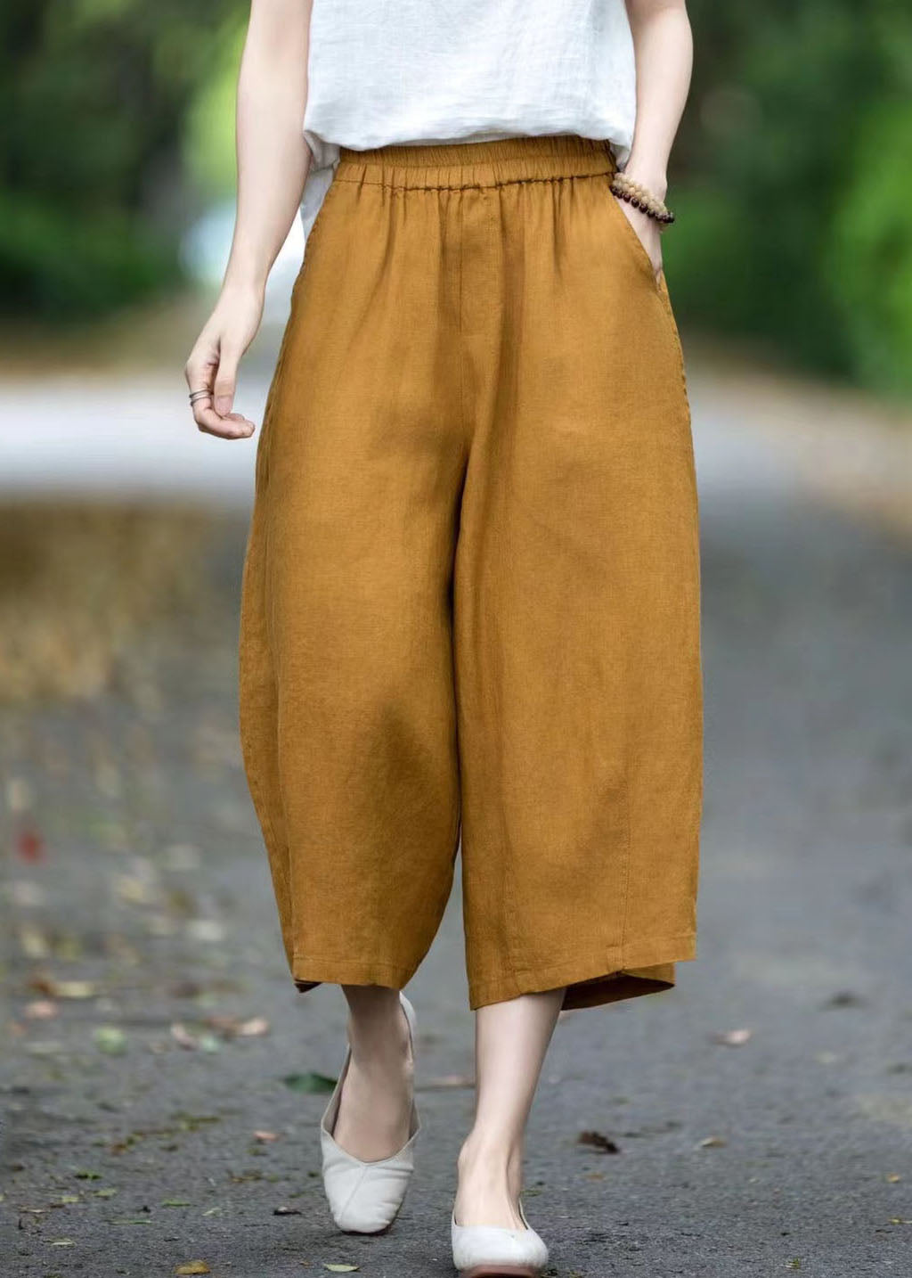 Linen Size Pants Summer Pockets Yellow Plus Oversized