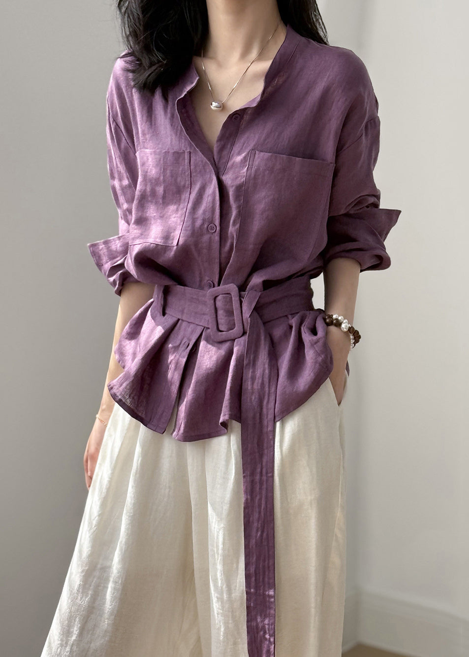 Purple Top O Neck Linen Button Pockets Shirt