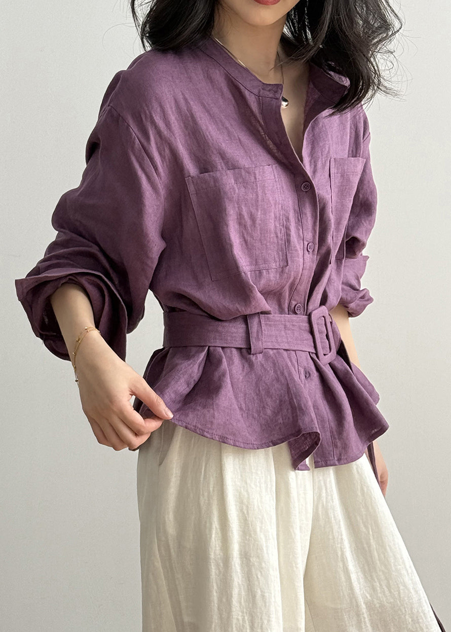 Purple Top O Neck Linen Button Pockets Shirt