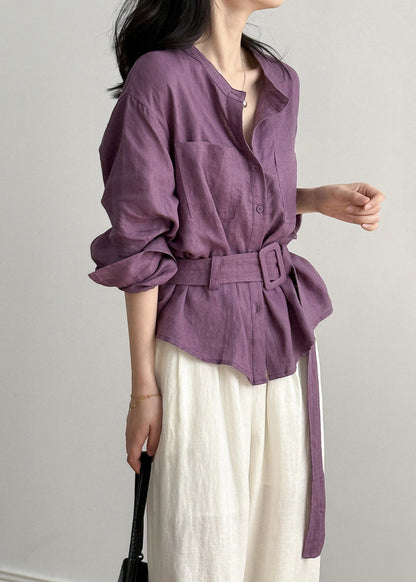 Purple Top O Neck Linen Button Pockets Shirt
