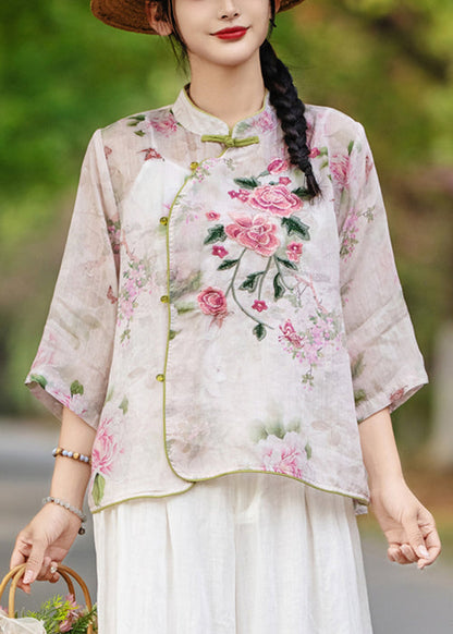 Stand Print Purple Sleeve Collar Blouses Linen Bracelet Button