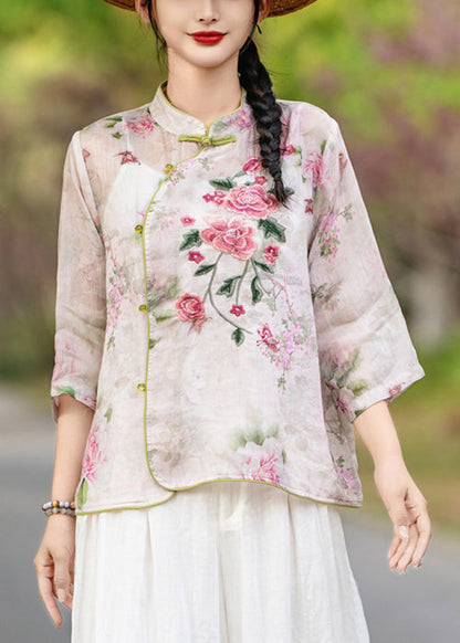 Stand Print Purple Sleeve Collar Blouses Linen Bracelet Button