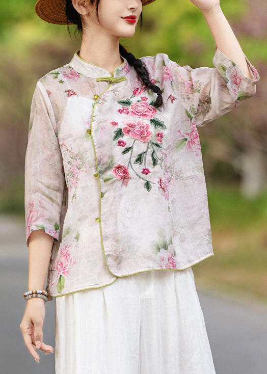 Stand Print Purple Sleeve Collar Blouses Linen Bracelet Button