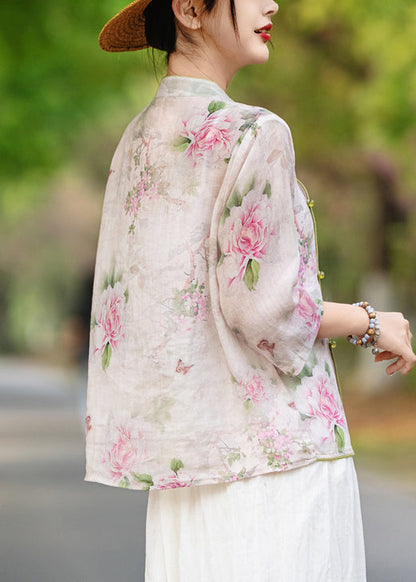 Stand Print Purple Sleeve Collar Blouses Linen Bracelet Button