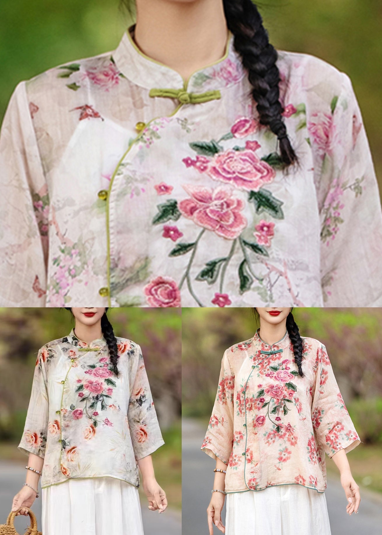 Stand Print Purple Sleeve Collar Blouses Linen Bracelet Button