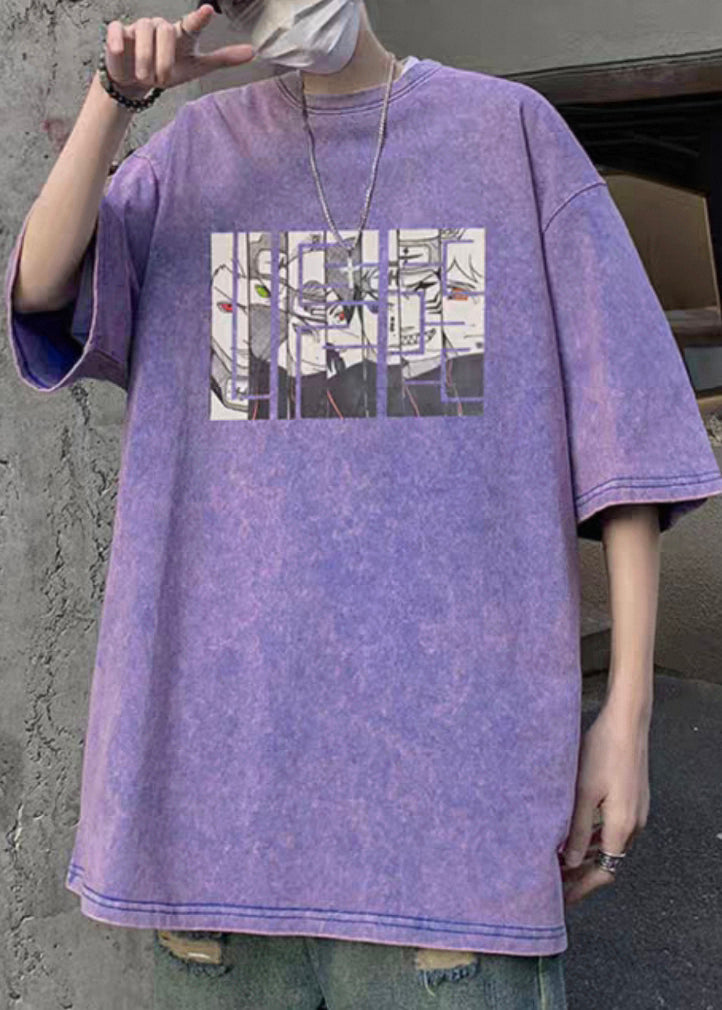 Half Sleeve T Cartoon Neck Cotton Purple Mens Shirts O Print