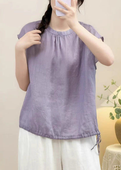 Solid O Linen Lace Purple Up Shirts Neck Summer