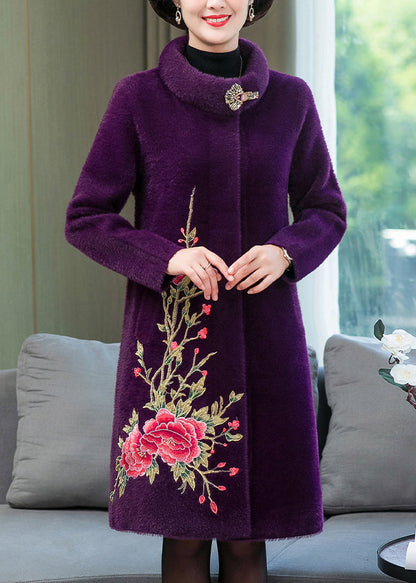 Purple Mink Velvet Long Coats Print Button Spring TA032