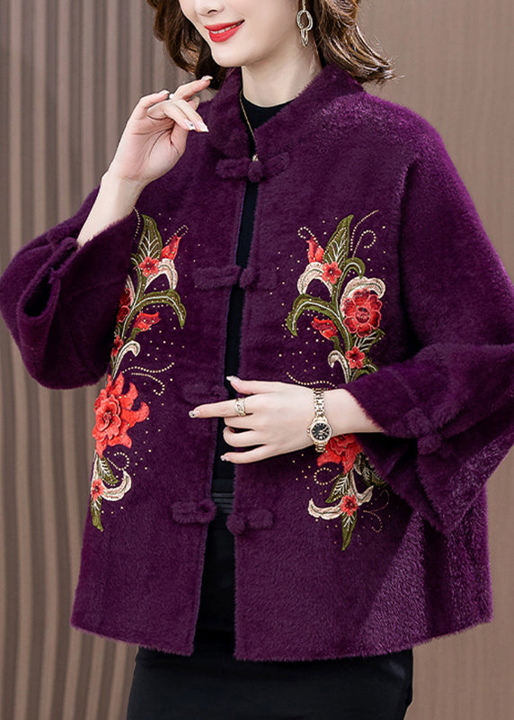 Purple Mink Velvet Woolen Coat Button Spring TA020