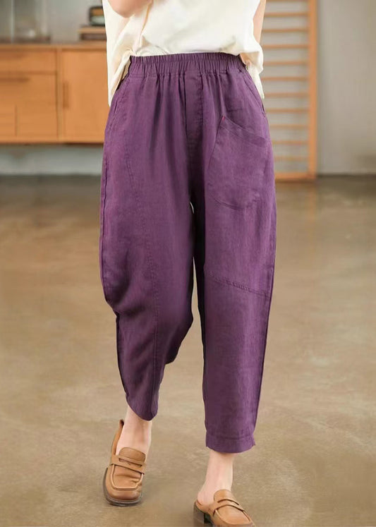 Harem Cotton Waist Purple Summer Pants Pockets Elastic