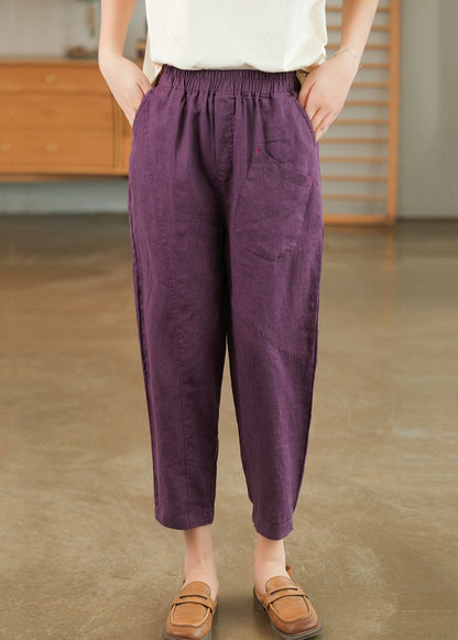 Harem Cotton Waist Purple Summer Pants Pockets Elastic