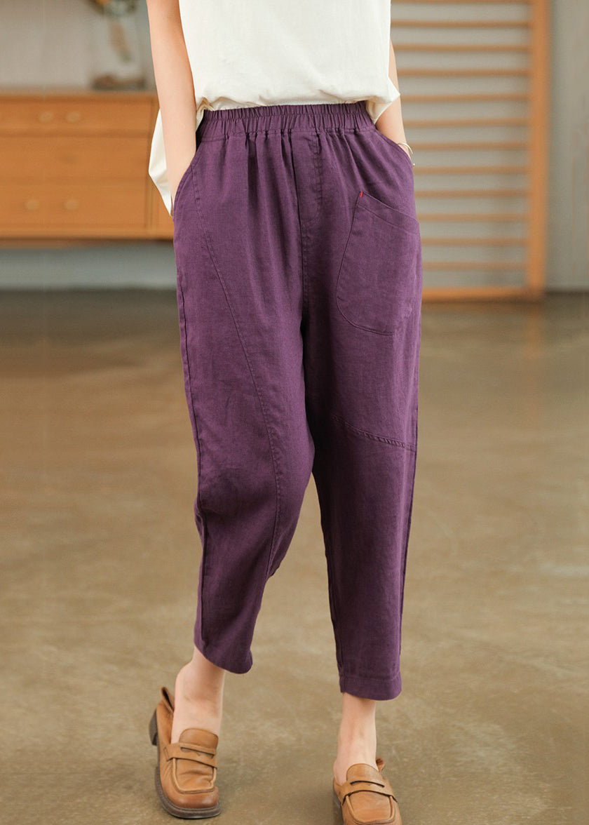 Harem Cotton Waist Purple Summer Pants Pockets Elastic