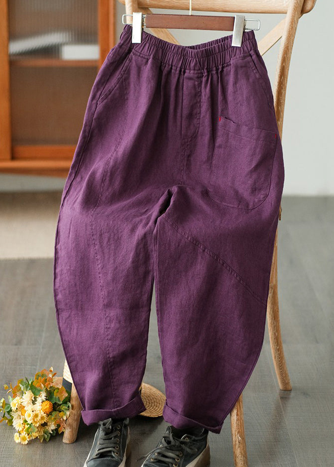 Harem Cotton Waist Purple Summer Pants Pockets Elastic