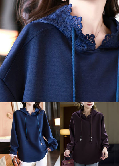 Cotton Pockets Hooded Fall Purple Sweatshirts Solid