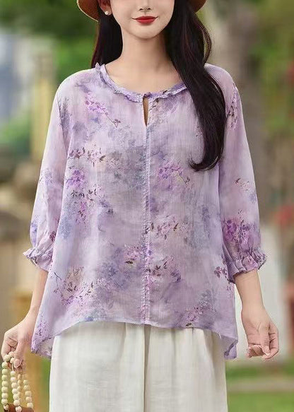 Sleeve Butterfly Shirt Print Button Linen Ruffled Purple