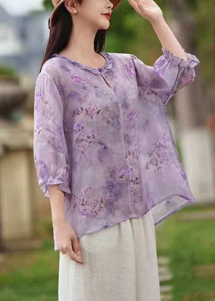 Sleeve Butterfly Shirt Print Button Linen Ruffled Purple