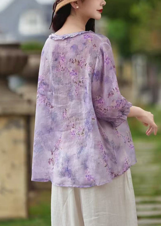 Sleeve Butterfly Shirt Print Button Linen Ruffled Purple