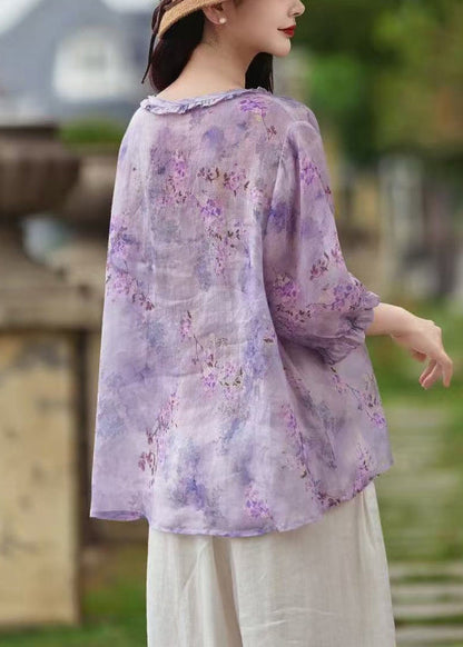 Sleeve Butterfly Shirt Print Button Linen Ruffled Purple