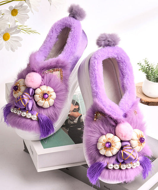 Purple Retro Handmade Fuzzy Wool Lined Splicing Platform Flats TQ055