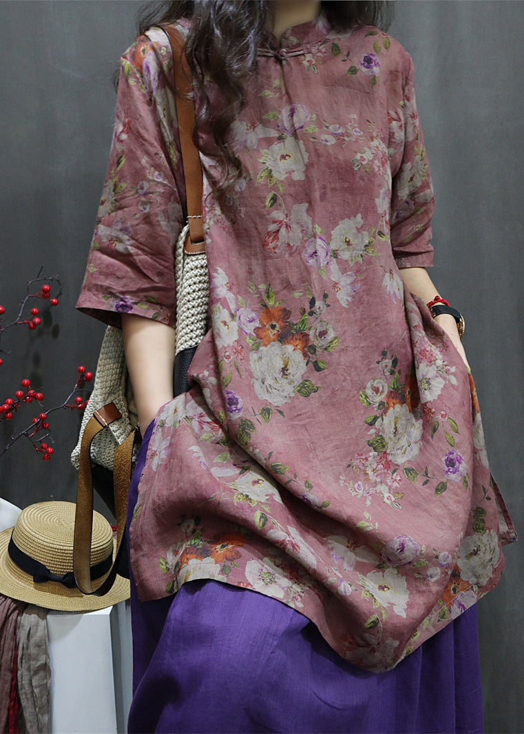 Purple Side Open Button Maxi Linen Shirt Summer VV085