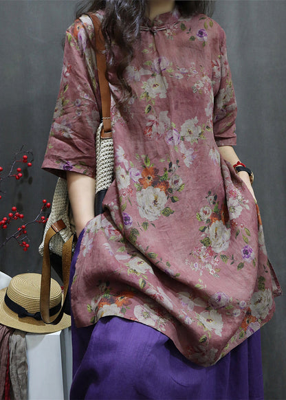 Purple Side Open Button Maxi Linen Shirt Summer VV085