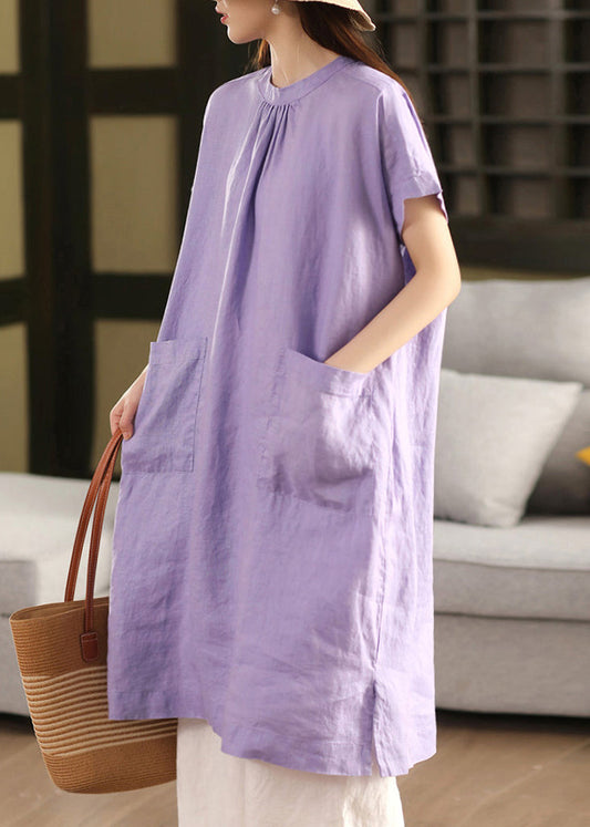 O Open Neck Linen Solid Dress Purple Side