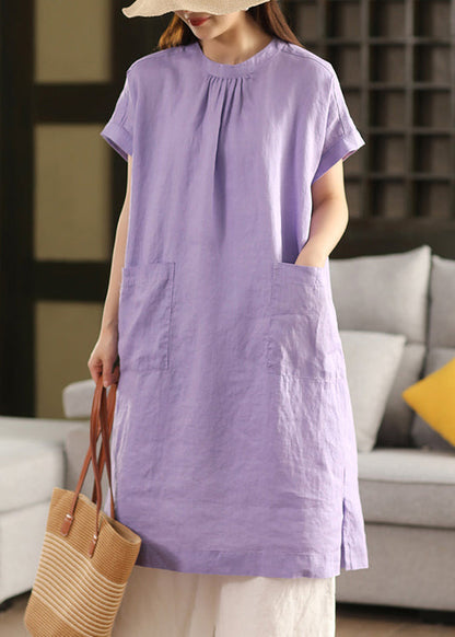 O Open Neck Linen Solid Dress Purple Side