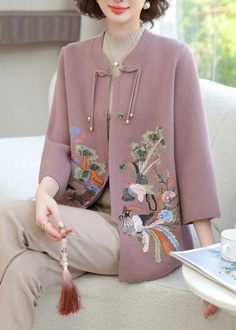 Purple Wool Knit Cardigan Embroidered Floral Long Sleeve TA025