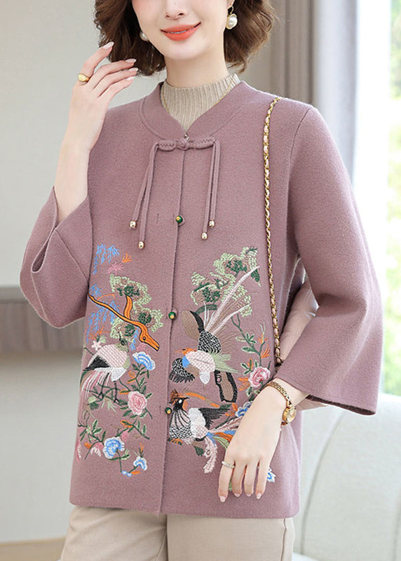 Purple Wool Knit Cardigan Embroidered Floral Long Sleeve TA025