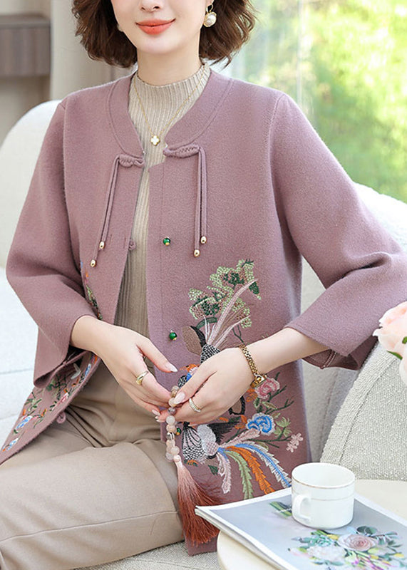 Purple Wool Knit Cardigan Embroidered Floral Long Sleeve TA025