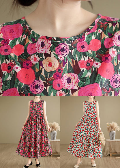 Red Button Patchwork Cotton Long Dress O Neck Summer JH030