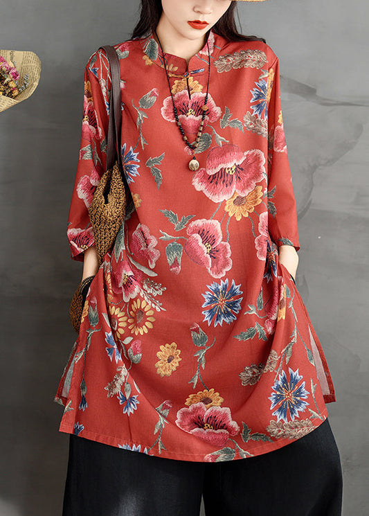 Button Red Collar Linen Stand Sleeve Print Dresses Bracelet Shirt