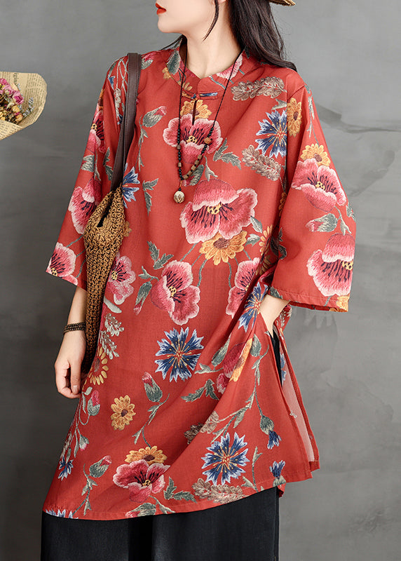 Button Red Collar Linen Stand Sleeve Print Dresses Bracelet Shirt