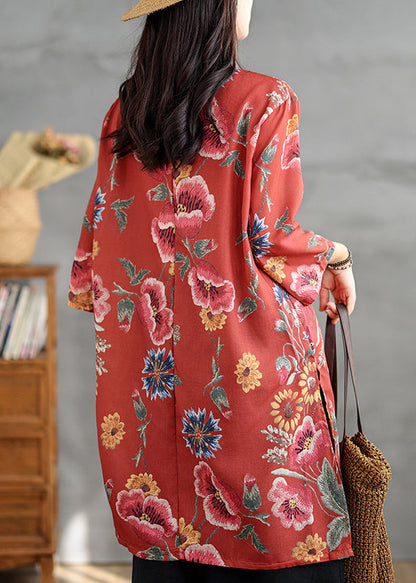 Button Red Collar Linen Stand Sleeve Print Dresses Bracelet Shirt