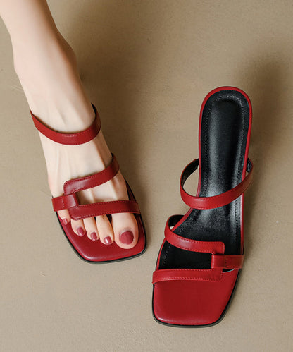 Peep Stylish Toe Sandals Slide Red Sheepskin Chunky Splicing