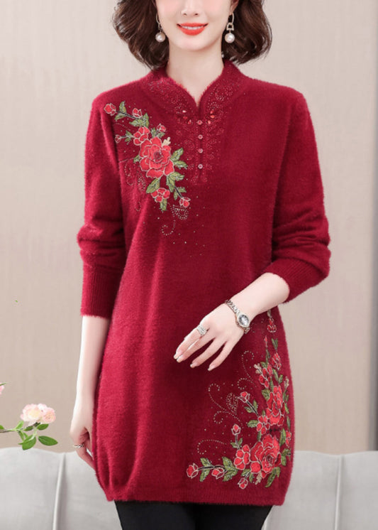 Red Cozy Mink Velvet Sweaters Embroidered Spring TA026