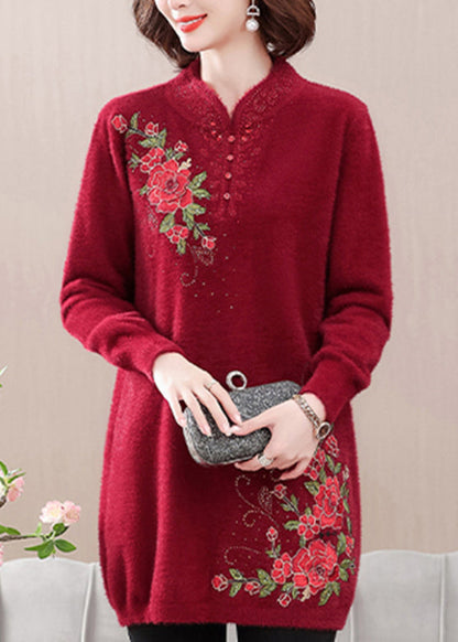 Red Cozy Mink Velvet Sweaters Embroidered Spring TA026