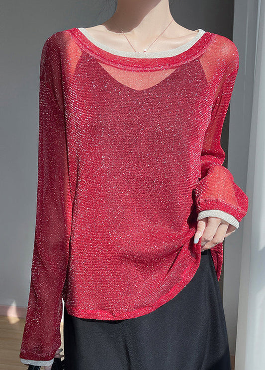 Two Pieces Summer Shirt T Red Neck O Tulle Patchwork False