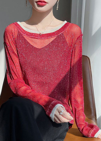 Two Pieces Summer Shirt T Red Neck O Tulle Patchwork False