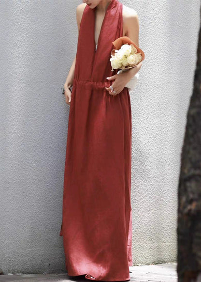 Solid Up Dress Long Neck Red V Summer Lace Cotton