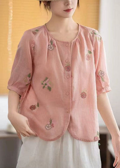 Linen Summer O-Neck Embroidered Shirts Red