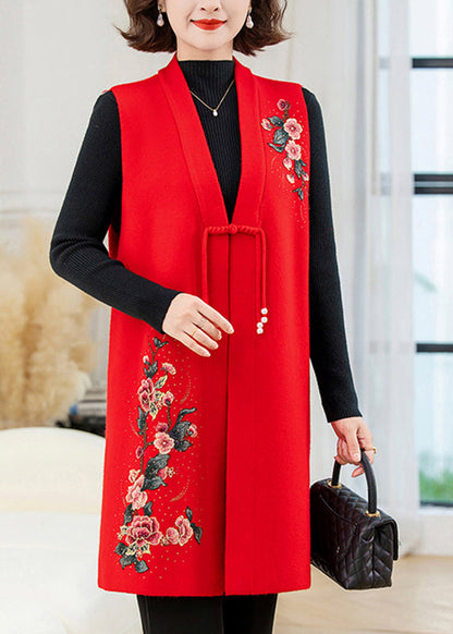 Red Long Wool Knit Waistcoat Embroidered Floral Sleeveless TA028