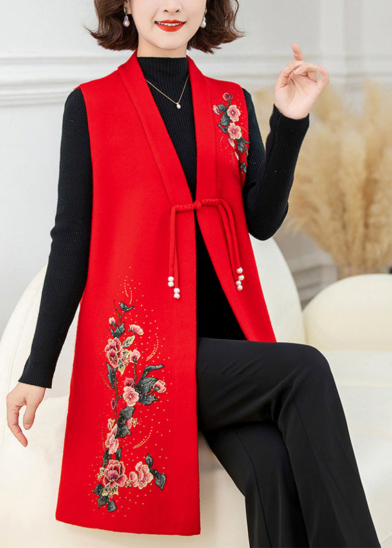 Red Long Wool Knit Waistcoat Embroidered Floral Sleeveless TA028