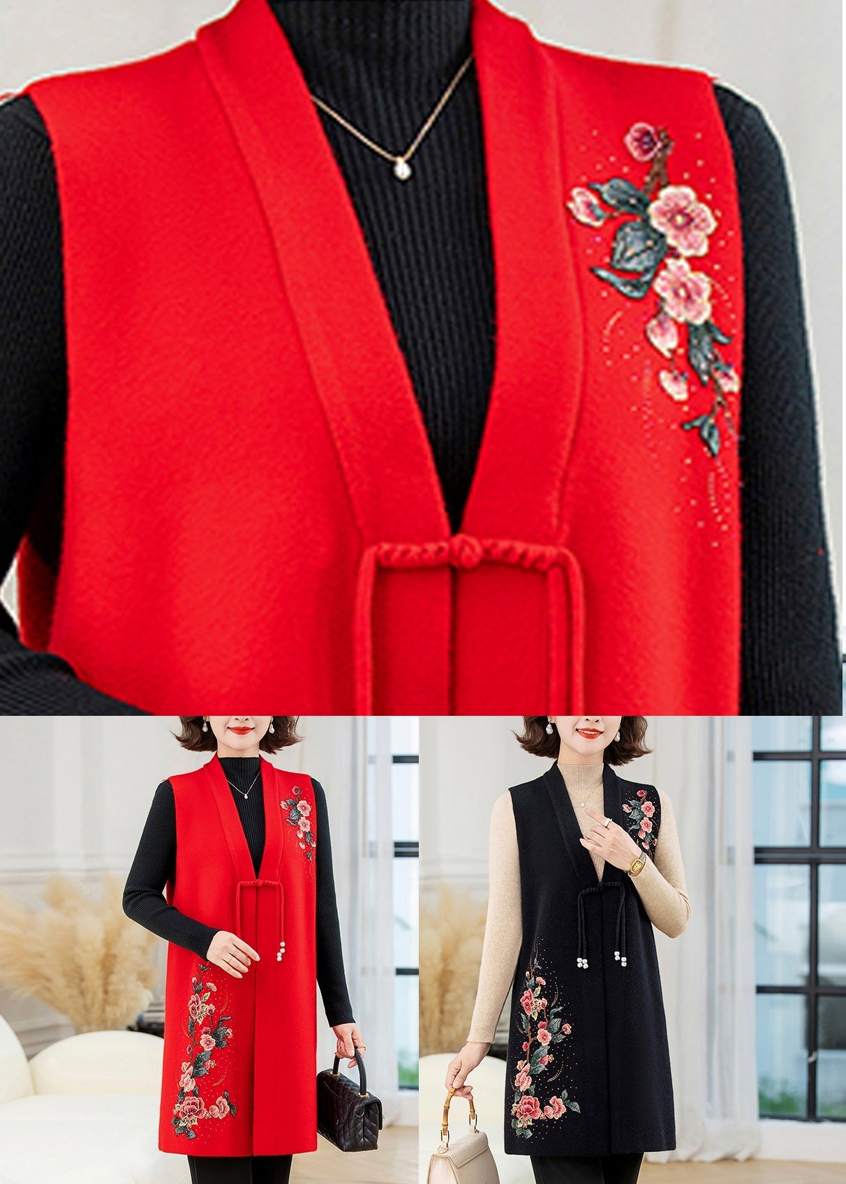 Red Long Wool Knit Waistcoat Embroidered Floral Sleeveless TA028