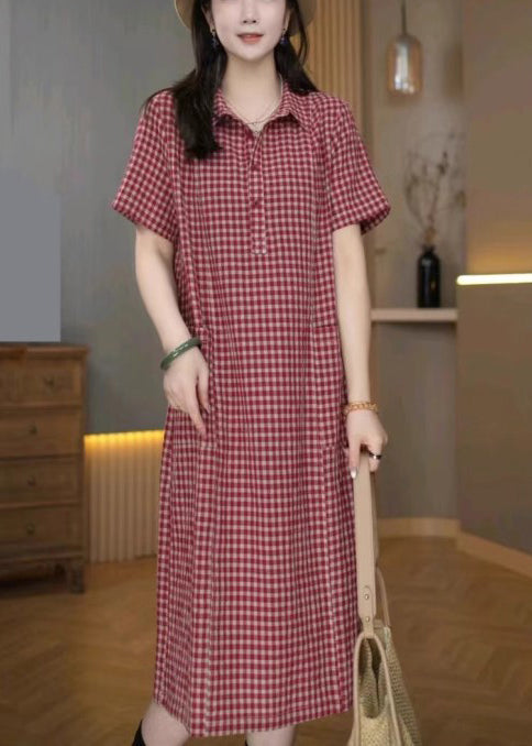 Red Shirt Summer Plaid Linen Dresses Collar Pan Peter