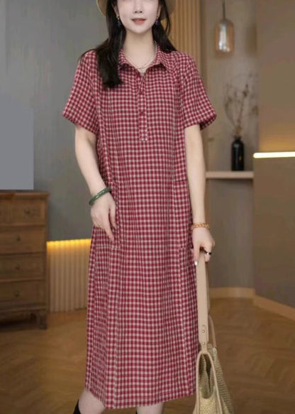 Red Shirt Summer Plaid Linen Dresses Collar Pan Peter