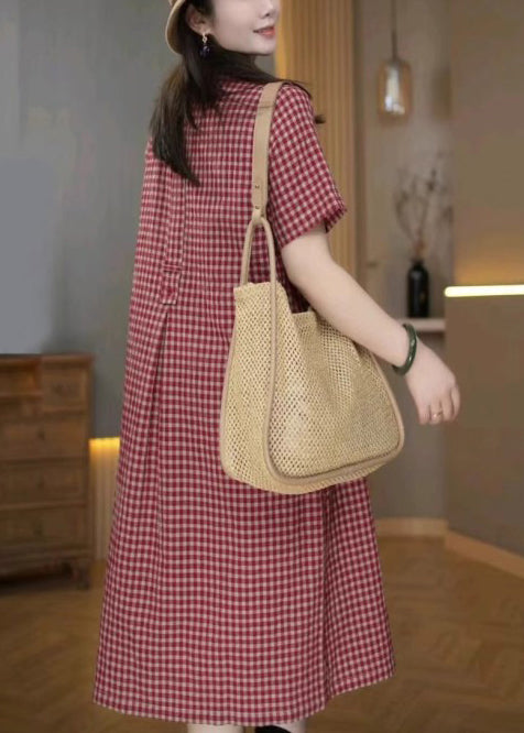 Red Shirt Summer Plaid Linen Dresses Collar Pan Peter