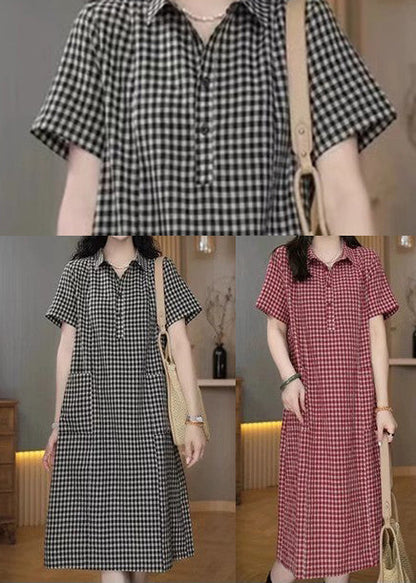 Red Shirt Summer Plaid Linen Dresses Collar Pan Peter
